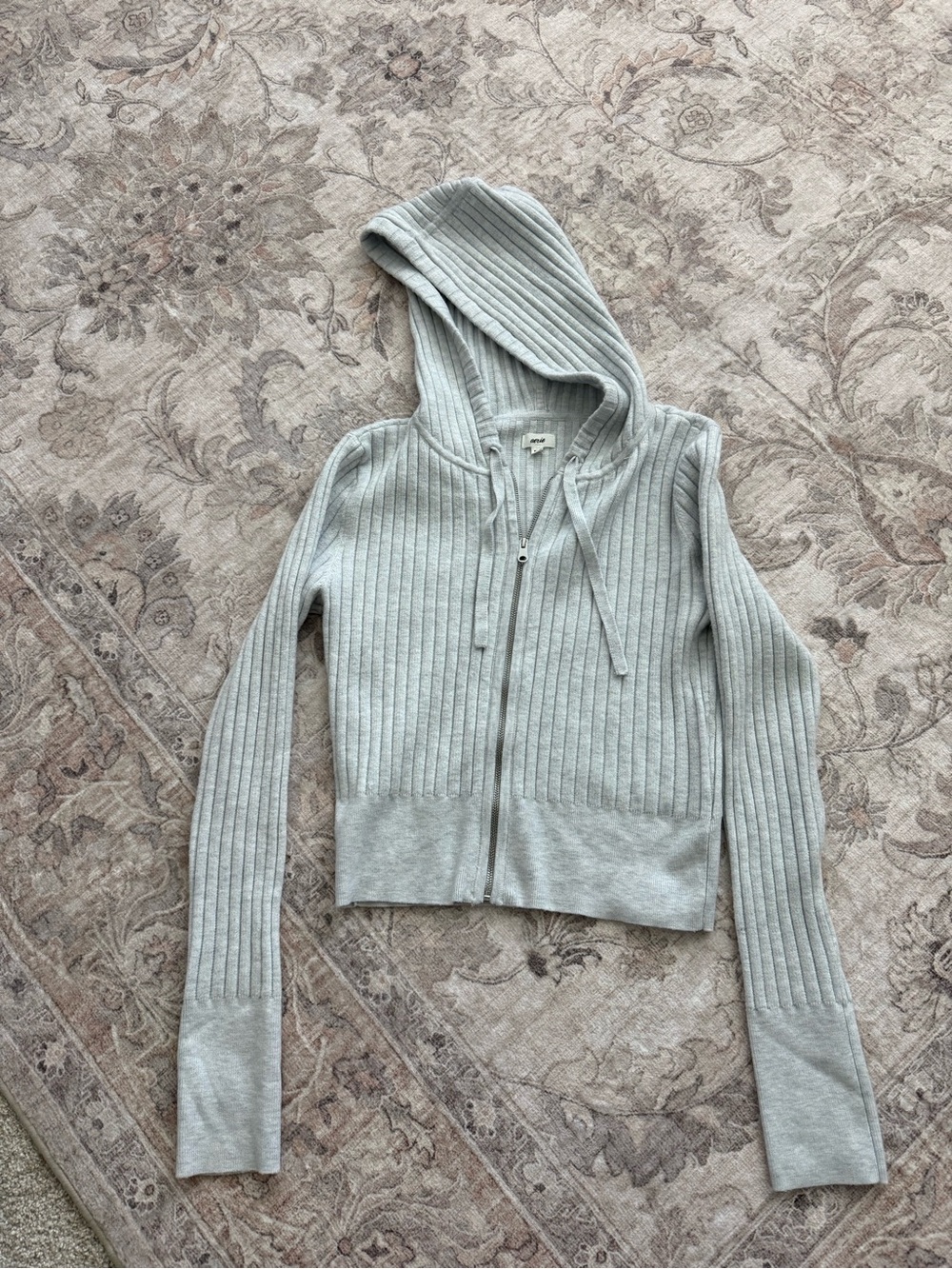 aerie Light Gray Ribbed Zip Hoodie Cardigan